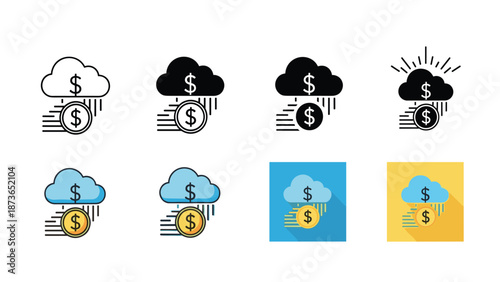 Set of seven icons showing a dollar coin falling from a cloud representing digital payments, cloud banking, and online finance services.
