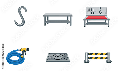 Butchery tools and equipment icons: hooks, tables, hose, drain, barrier