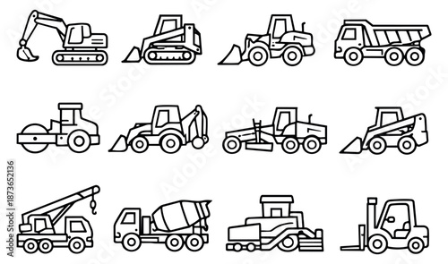 Hand drawn line art construction vehicles set featuring various heavy machinery and trucks for construction sites and engineering projects