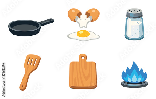 Cooking essentials icons: frying pan, egg, salt, spatula, cutting board, flame