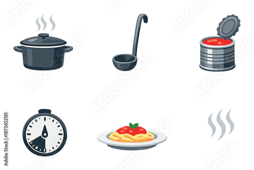 Cooking icons: pot, ladle, canned sauce, timer, spaghetti, steam