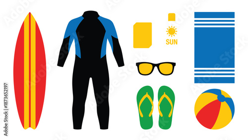 Flat Lay of Beach and Surf Holiday Accessories and Equipment