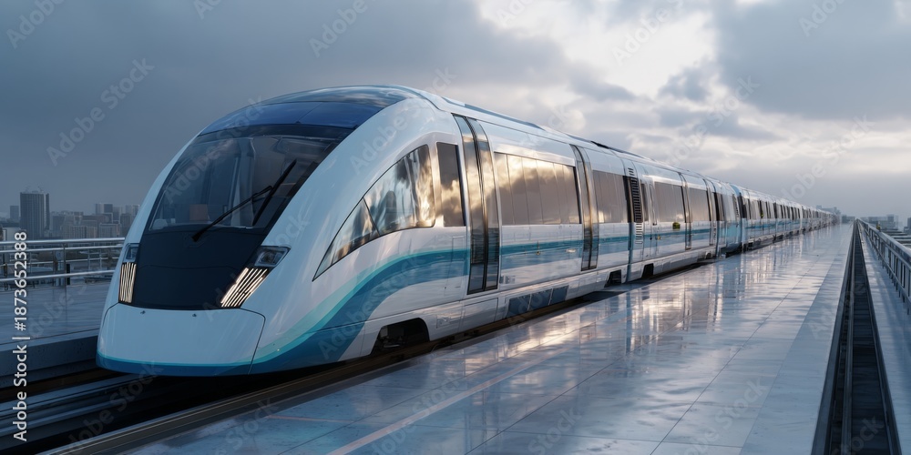Fototapeta premium Futuristic High-Speed Train on Elevated Railway Track Under Cloudy Sky