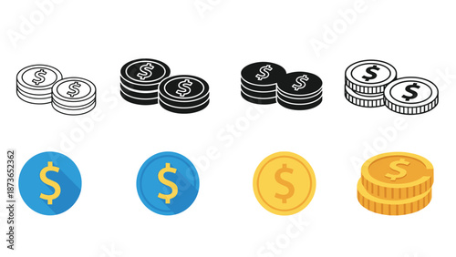 Set of eight dollar coin icons in various styles including stacks, single coins, and different colors for financial website applications.
