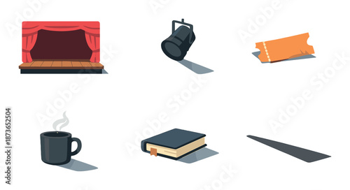 Theater stage icons with curtains, spotlight, ticket, coffee, book, spotlight beam