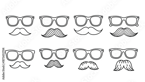 Outlines of different glasses and mustache combinations for humorous photo booth props or character design elements.