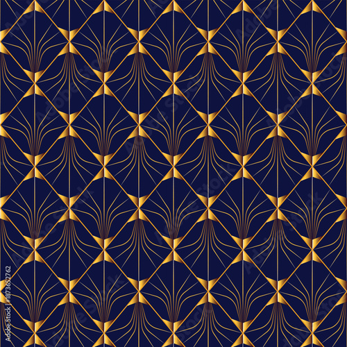 Elegant seamless Art Deco pattern featuring refined gold fan-shaped geometric lines on a deep blue background. Perfect for luxury branding, packaging, fashion, wallpaper, and premium decor