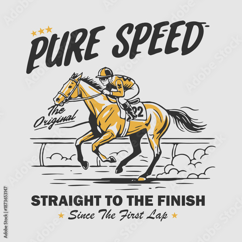 A classic hand-drawn vintage illustration of a jockey riding a horse during a race. Featuring distressed textures, bold typography, and a retro yellow and charcoal color palette. Perfect for t-shirt