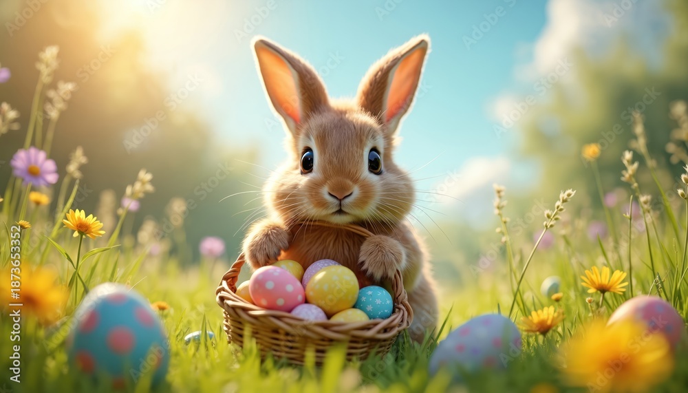 Fototapeta premium An Easter bunny holds a basket filled with colorful decorated eggs. The bunny is in a green meadow with flowers. Sunlight shines making a joyful spring scene.