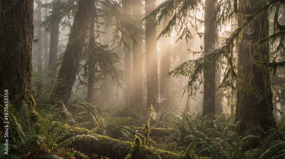 Obraz premium Misty Forest Sunrise Sunbeams Pierce Through Lush Green Canopy in Enchanting Woodland Landscape