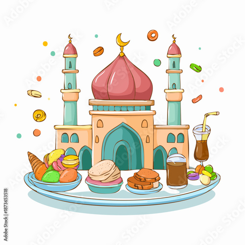 Ramadan iftar feast with mosque and traditional food ramadan.