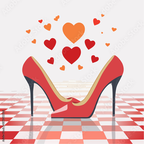 Red High Heels with Hearts on Checkered Floor valentine.