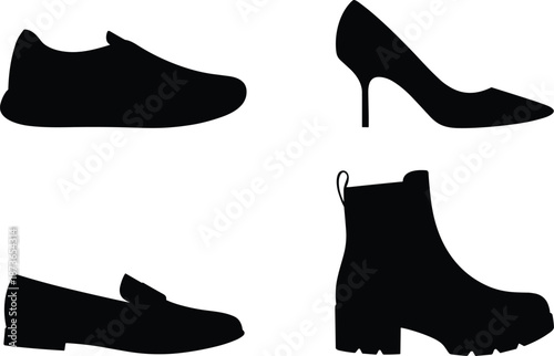 Shoe silhouette set collection, sneakers heels loafers and boots icons, fashion footwear black vector illustration isolated on white