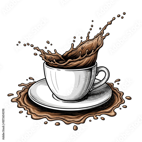 Coffee Splash: Dynamic Liquid Explosion from White Cup on Saucer