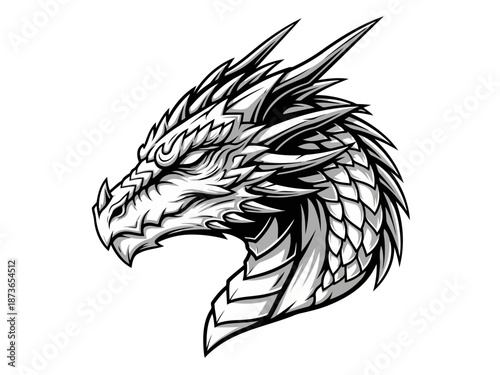 Detailed black and white sketch of a fierce dragon head with sharp teeth and horns