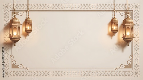 Eid mubarak ramadan kareem wishes greeting card with lanterns decoration