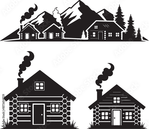 A cozy detailed log cabin nestled between two pine trees.