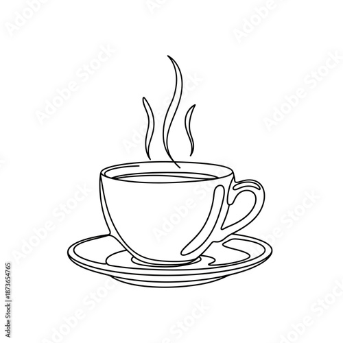 Steaming Coffee Cup and Saucer, Minimalist Line Art Drawing, Hot Beverage