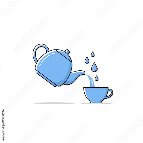 Blue teapot pouring water into cup, minimalist illustration, clean design, beverage concept