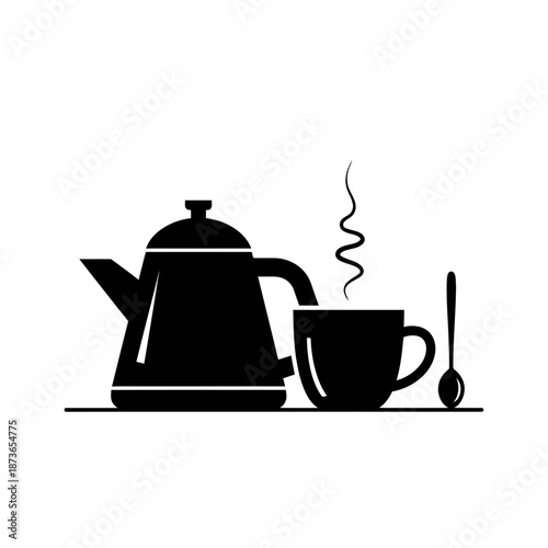 Black Silhouette of Kettle, Coffee Cup with Steam, and Spoon on White Background