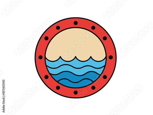 Illustration of a round metal manhole cover with water wave design