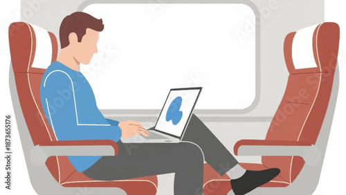 A man comfortably working on his laptop inside a modern train carriage during a journey.