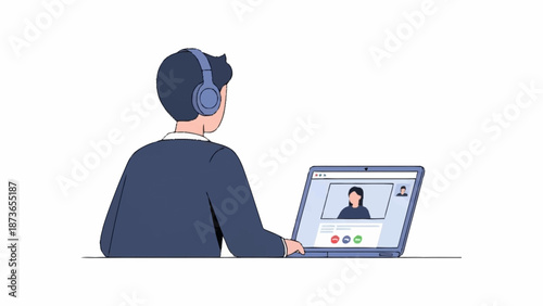 Person from behind wearing headphones engaged in a video conference call on a laptop.