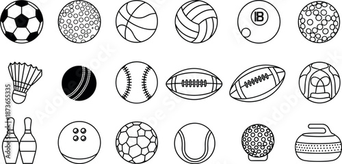 Set of professional sports ball icons and equipment including soccer, basketball, tennis, football, bowling, and cricket in minimalist black and white vector line style.