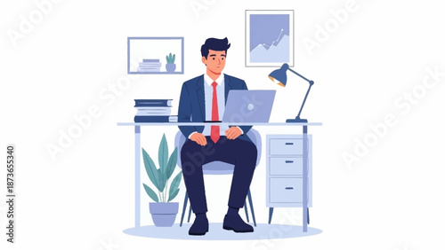 Professional businessman working diligently on a laptop at his organized office desk with a lamp and plant.