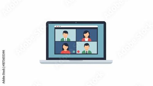A laptop displaying a grid of four diverse participants engaged in an online video conference call or virtual meeting.