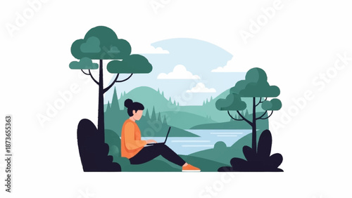 Woman working remotely on a laptop in a peaceful natural landscape with trees and a lake.