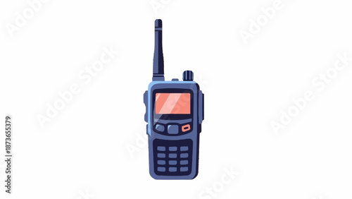 A stylized illustration depicting a dark blue portable walkie-talkie with an antenna and glowing screen on a white background.