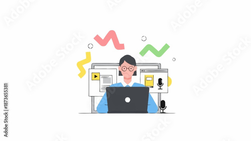 An illustration of a person wearing glasses working diligently on a laptop, surrounded by various digital content windows and abstract creative elements.