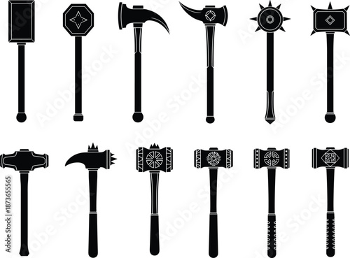 Collection of fantasy hammer silhouettes with medieval weapon designs, black battle tool icons for gaming illustration, RPG artwork and armory graphics