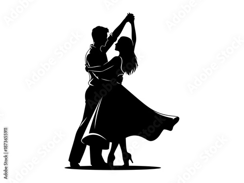 Elegant couple dancing tango showcasing dramatic pose and flowing attire