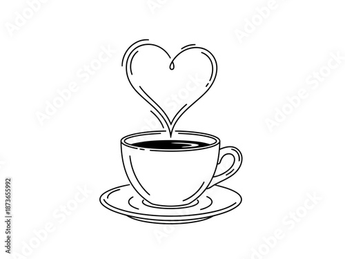 Black and white line drawing of a coffee cup with a heartshaped steam outline