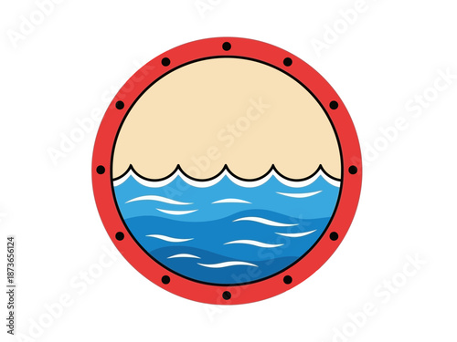 Illustration of a life preserver ring with waves and beach design elements