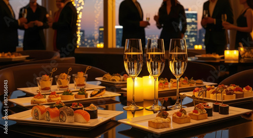 Elegant rooftop party in city at dusk with guests. Champagne drinks snacks and skyline view. Social gathering networking event.
