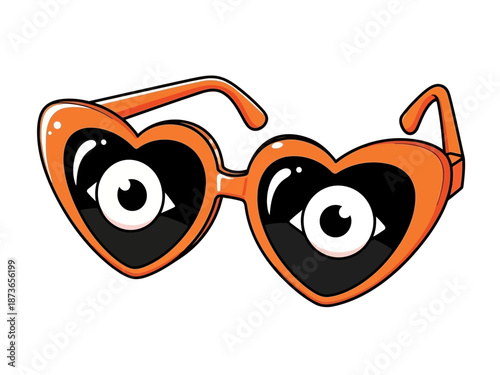 Heartshaped orange sunglasses with black lenses and decorative details on temples