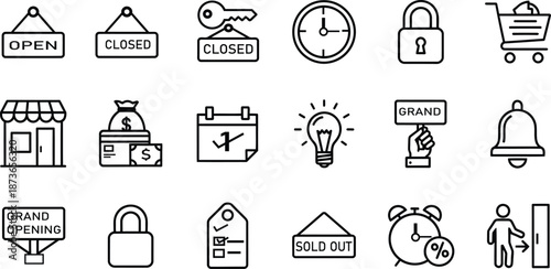 Collection of various business and security icons in black and white