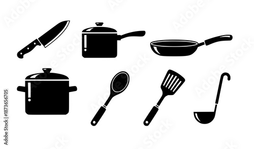 Flat kitchen utensil silhouette icon set vector featuring chef knife pans pots and spoons isolated on white background