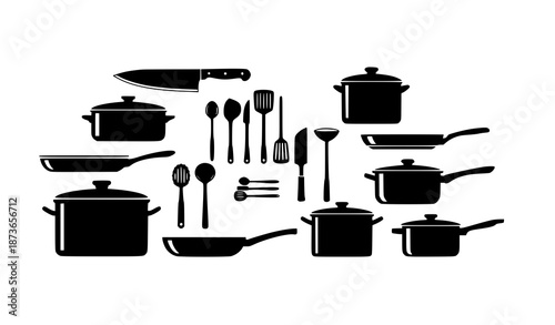 Minimalist kitchen tools silhouette vector pack with chef knife pans pots spoons and cookware isolated on white background