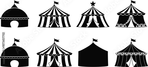 Black Circus Tent Silhouette Icon Set with Big Top Carnival Tents Isolated on White Background for Fairground Festival and Event Design