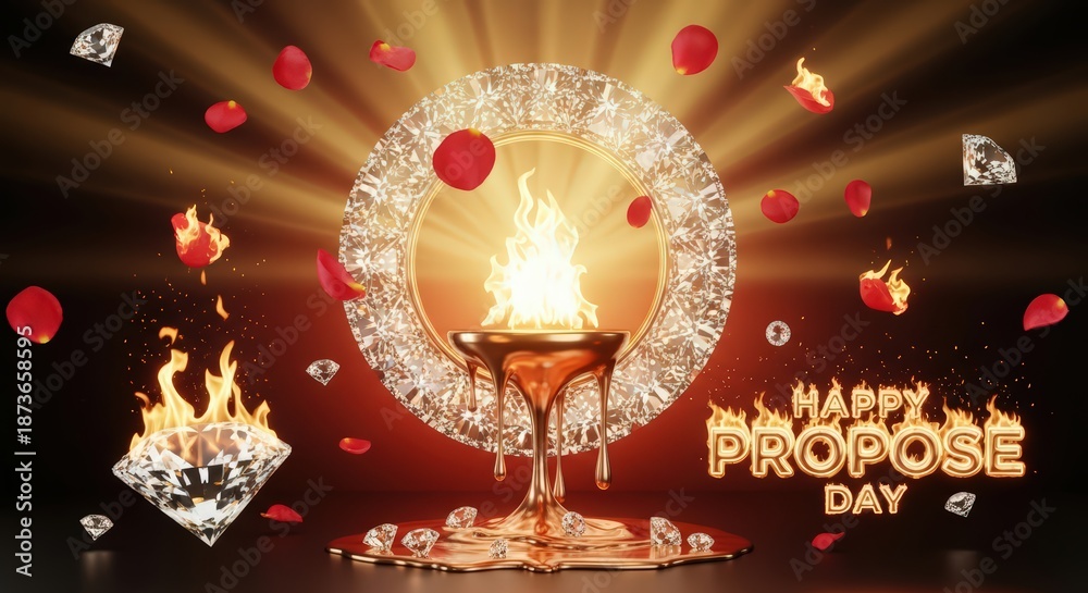Fototapeta premium Happy Propose Day Diamond Ring and Rose Petals Celebration