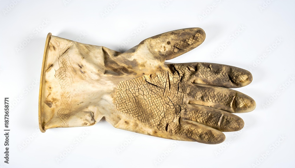 Obraz premium Dirty weathered rubber glove lying on a plain white surface