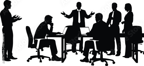 Business meeting silhouettes of professional people in office, corporate team brainstorming at desk with laptops, manager leading presentation, collaboration, and executive discussion,