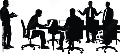 Business meeting silhouettes set, professional office teamwork, corporate people discussing, working on laptops, executive presentation and collaboration, 