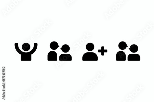 Community and Social Interaction Glyph Icon Set, Success Celebration, Team Collaboration, and Add User Symbols Isolated on White Background