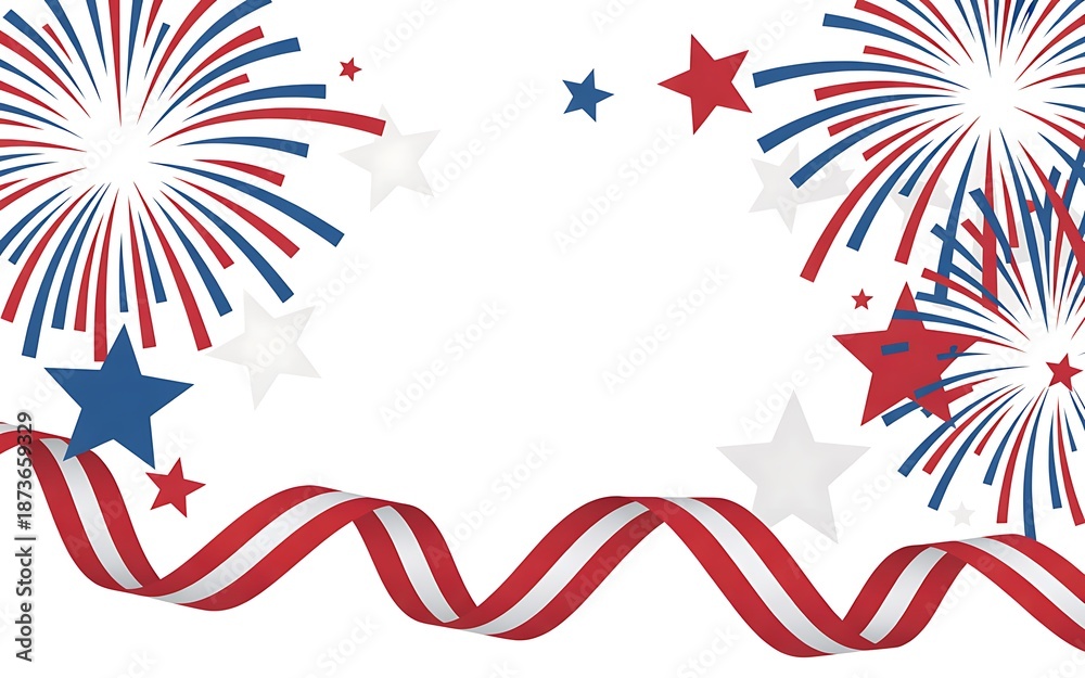Fototapeta premium Fireworks and stars on ribbon isolated on white background