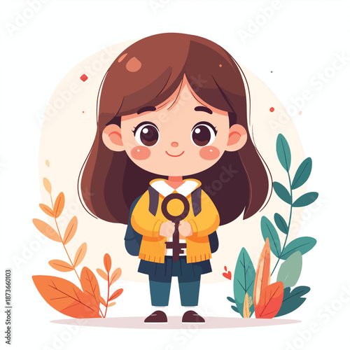 Adorable student character holding a gender symbol, symbolizing learning and female empowerment.